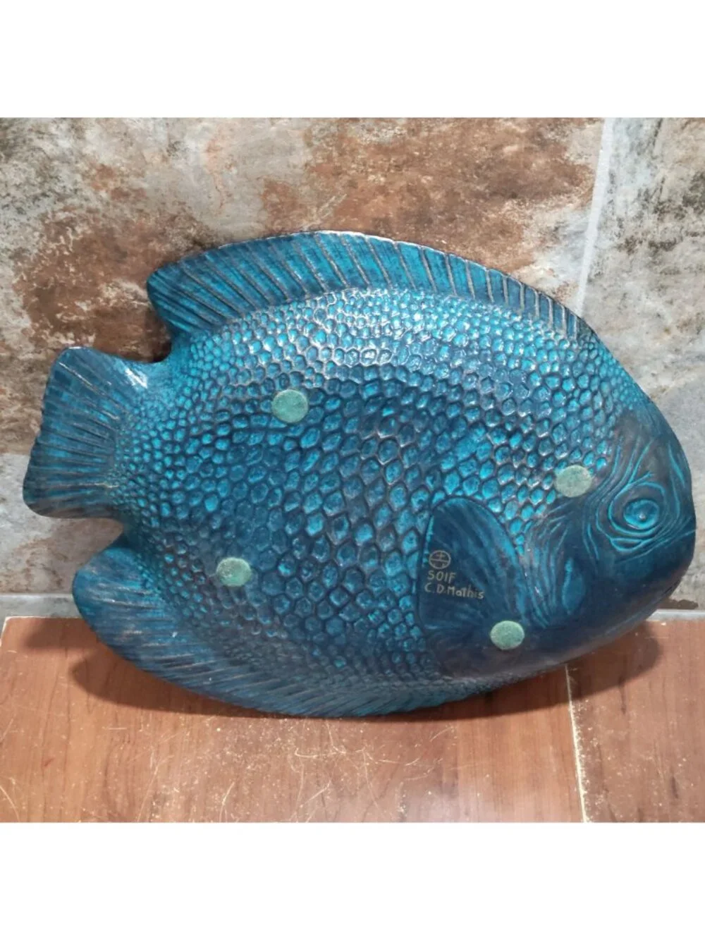 Iridescent Glass Parrotfish Decorative Tray Signed SOIF CD Mathis Large Serving